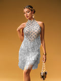 Embellished Fringe Mini Dress In Silver