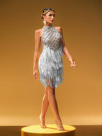 Embellished Fringe Mini Dress In Silver