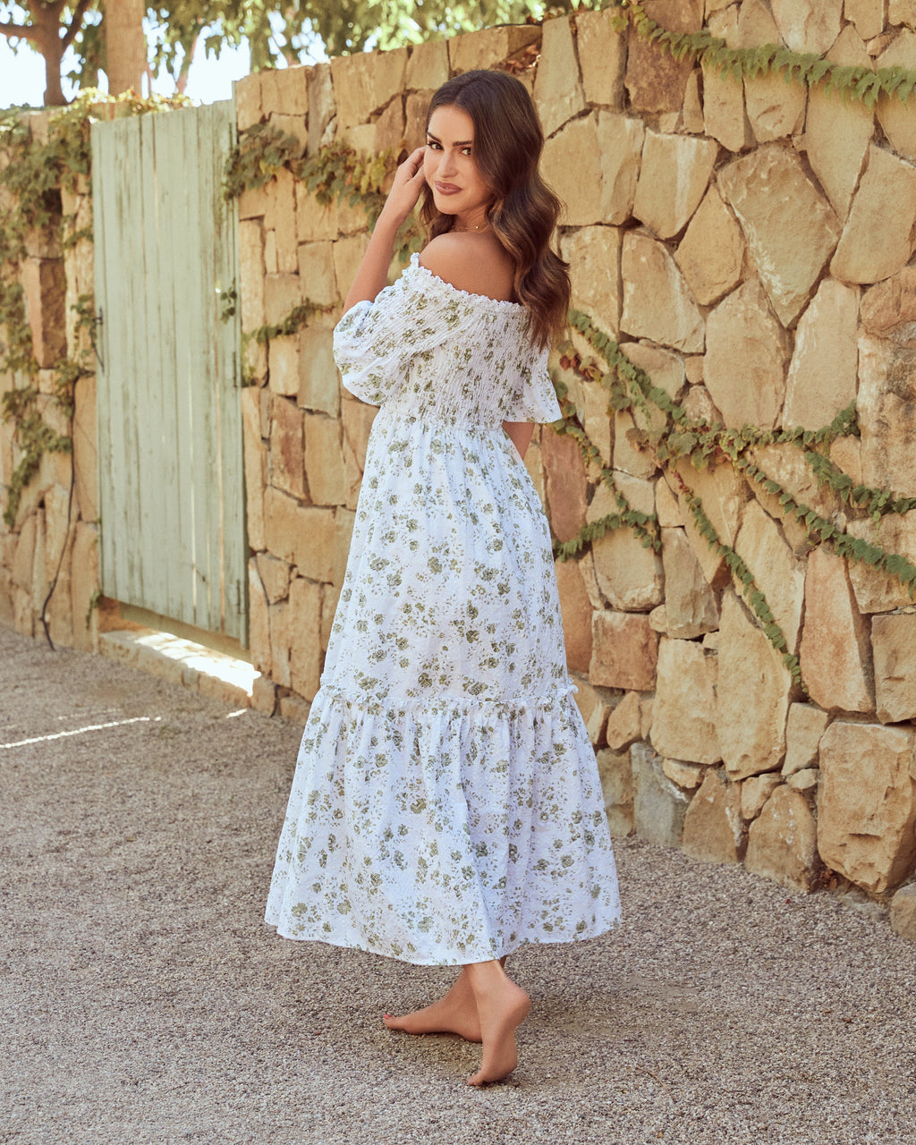 Dasha Cotton Floral Off The Shoulder Maxi Dress Sage FINAL