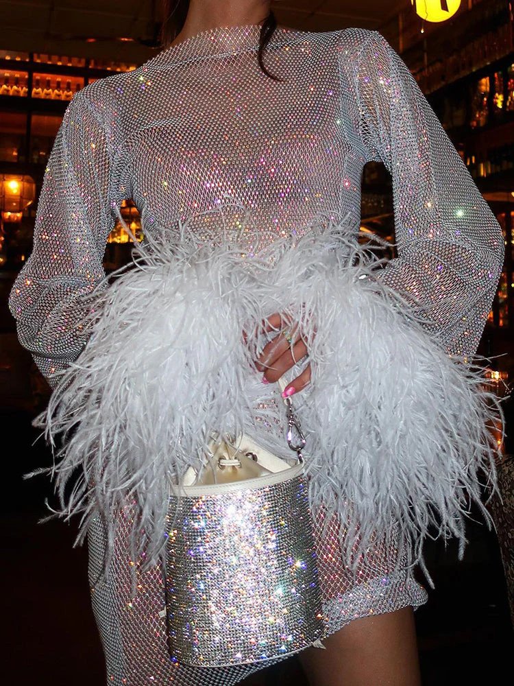 Brienne Metallic Sheer Cuff Feather Mini Dress