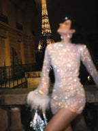 Brienne Metallic Sheer Cuff Feather Mini Dress