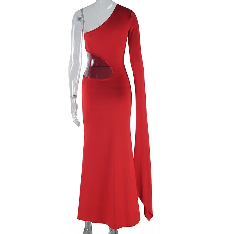 Solid Trend Incline Shoulder Hollow High Street Maxi Dress Sexy Elegant Party Dress