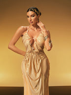 Halterneck Ruched Maxi Dress In Brown