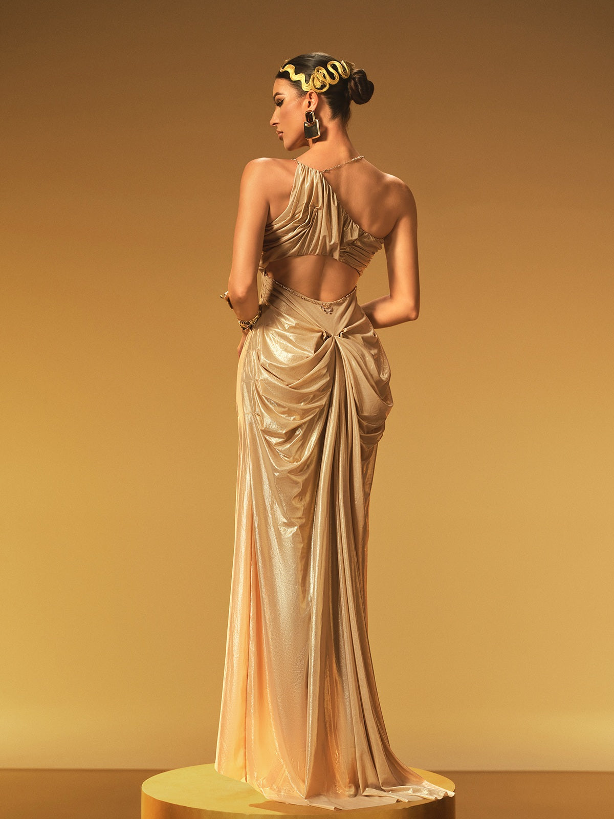 Halterneck Ruched Maxi Dress In Brown