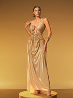 Halterneck Ruched Maxi Dress In Brown