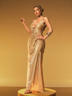 Halterneck Ruched Maxi Dress In Brown