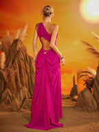 Halterneck Ruched Maxi Dress In Hot Pink