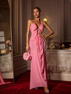 Halterneck Ruched Maxi Dress In Pink