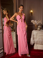 Halterneck Ruched Maxi Dress In Pink