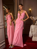 Halterneck Ruched Maxi Dress In Pink