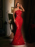 Halterneck Rhinestone Maxi Dress In Red