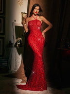 Halterneck Rhinestone Maxi Dress In Red