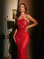 Halterneck Rhinestone Maxi Dress In Red
