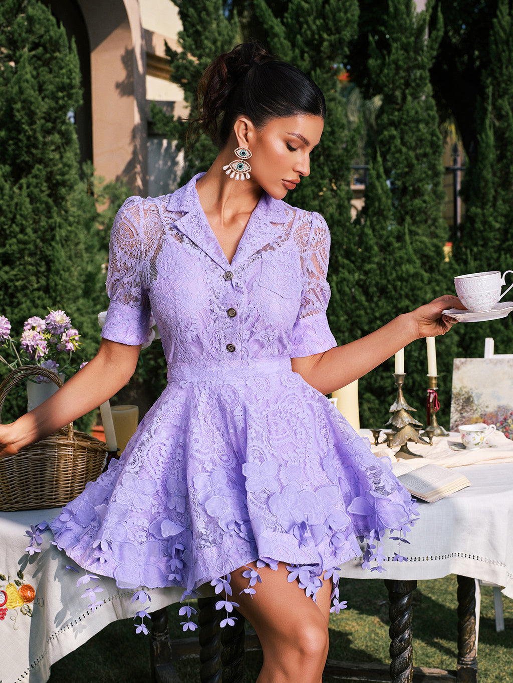 Flower Fringe Skirt Set In Lilac
