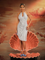 Halterneck Ruched Midi Dress In Grey