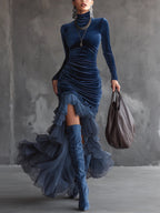 Dark blue velvet pleated ruffled maxi dress