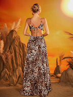 Cutout Leopard Lace Up Maxi Dress