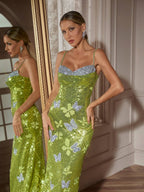 Butterfly Rhinestone Sequin  Maxi Dress