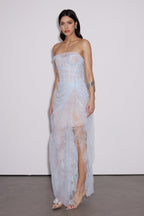 Dechen One Shoulder Corset Mesh Maxi Dress In Blue