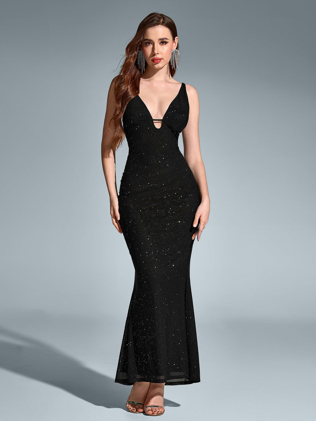 Deep V-Neck Backless Mermaid Mesh Sequin Dress