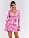 Deep V-Neck Backless Tie Floral Dress