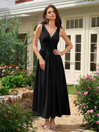 Deep V-Neck Bow Tie Ruched Corset Dress with Pockets