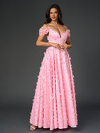 Deep V-Neck Crisscross Back Floral Applique Decoration Prom Dress