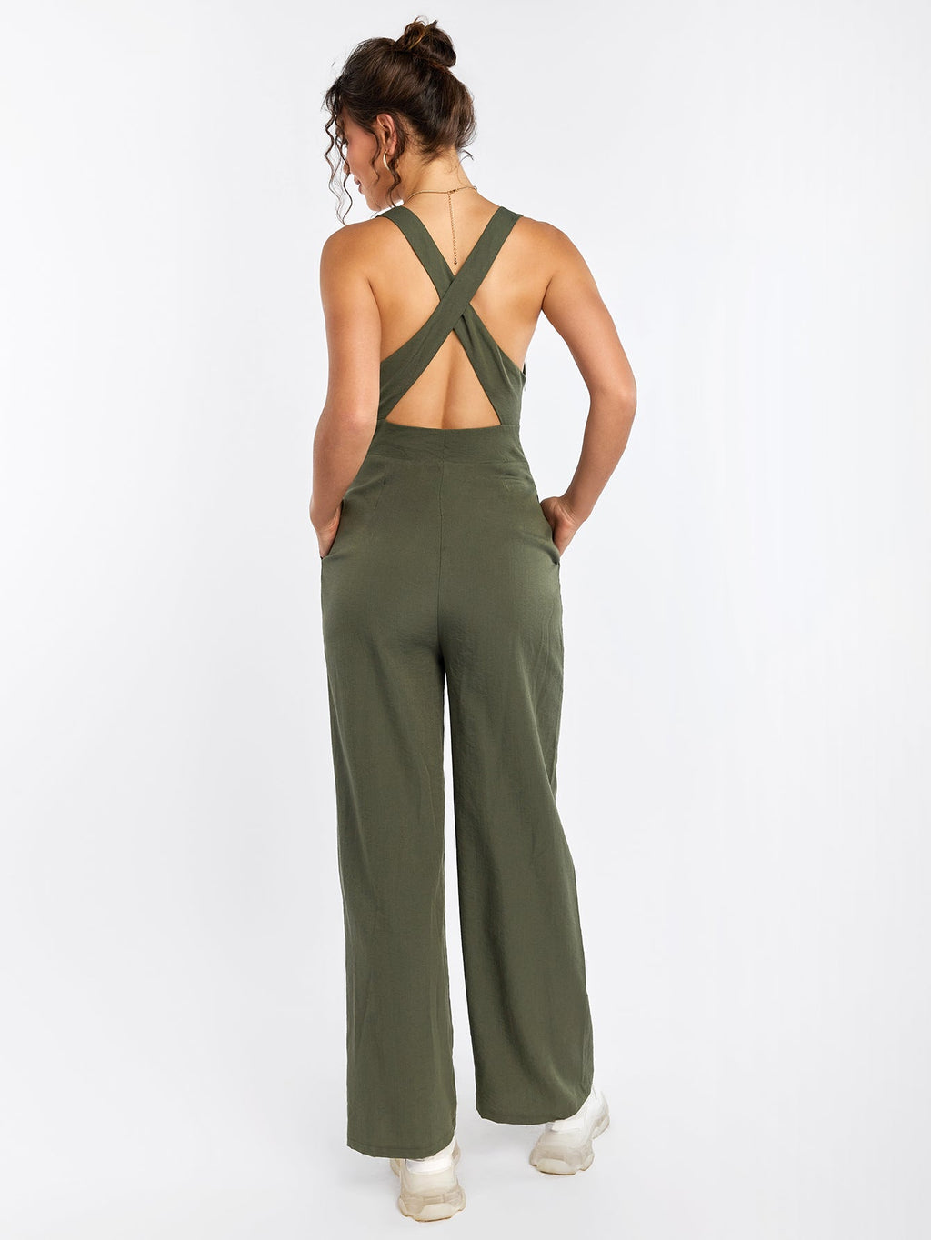 Deep V-Neck Crisscross Back Pocket Jumpsuit