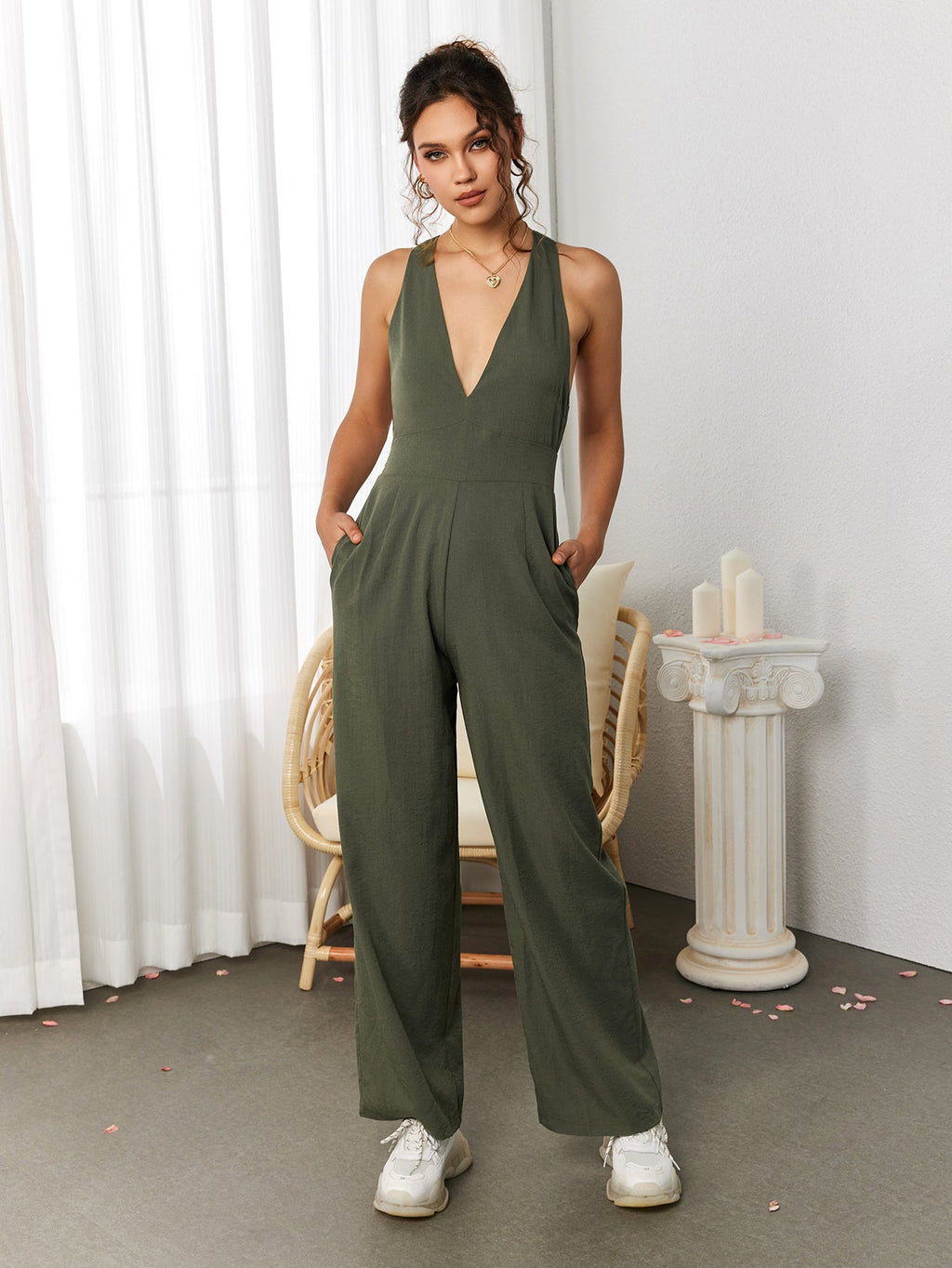 Deep V-Neck Crisscross Back Pocket Jumpsuit