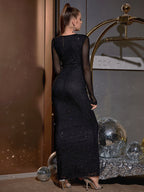 Deep V-Neck Crisscross Tie Front Glitter Bodycon Dress