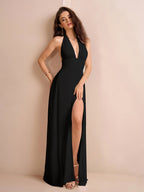 Deep V-Neck Halter Bow Tie Back Split Thigh Long Dress