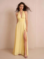 Deep V-Neck Halter Bow Tie Back Split Thigh Long Dress