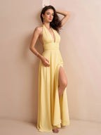 Deep V-Neck Halter Bow Tie Back Split Thigh Long Dress