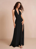 Deep V-Neck Halter Bow Tie Back Split Thigh Long Dress