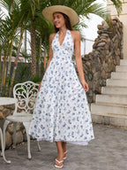 Deep V-Neck Halter Lace Spliced Floral Dress