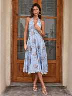 Deep V-Neck Halter Lace Spliced Floral Dress