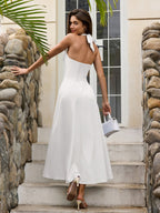 Deep V-Neck Halter Ruched Back Solid Dress