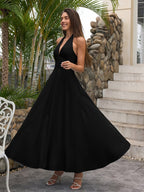 Deep V-Neck Halter Ruched Back Solid Dress