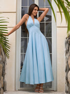 Deep V-Neck Halter Ruched Back Solid Dress