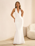 Deep V-Neck Ruched Waist Tie Backless Bodycon Dress