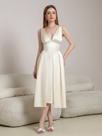 Deep V-Neck Satin Prom Midi Dress