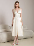 Deep V-Neck Satin Prom Midi Dress