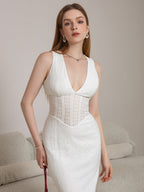 Deep V-Neck Split Thigh Jacquard Lace Dress