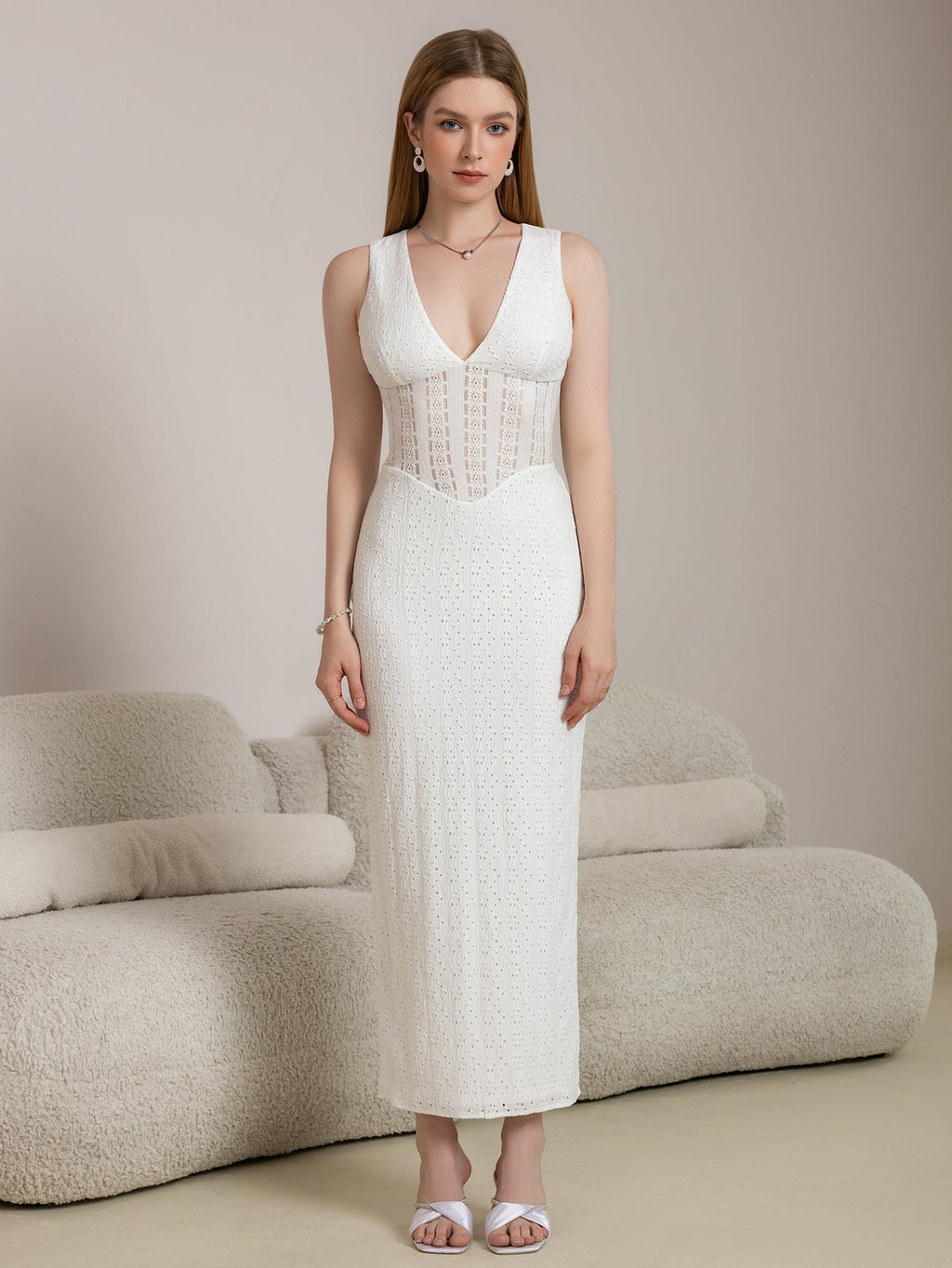 Deep V-Neck Split Thigh Jacquard Lace Dress