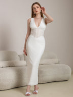 Deep V-Neck Split Thigh Jacquard Lace Dress