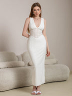 Deep V-Neck Split Thigh Jacquard Lace Dress