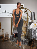 Halterneck Hollow Rhinestone Midi Dress In Black