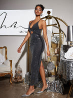 Halterneck Hollow Rhinestone Midi Dress In Black