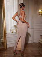 Halterneck Hollow Rhinestone Midi Dress In Nude