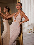 Halterneck Hollow Rhinestone Midi Dress In Nude